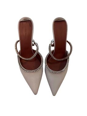 Amina Muaddi Ivory Pointed-Toe Crystal Double-Strap Mules